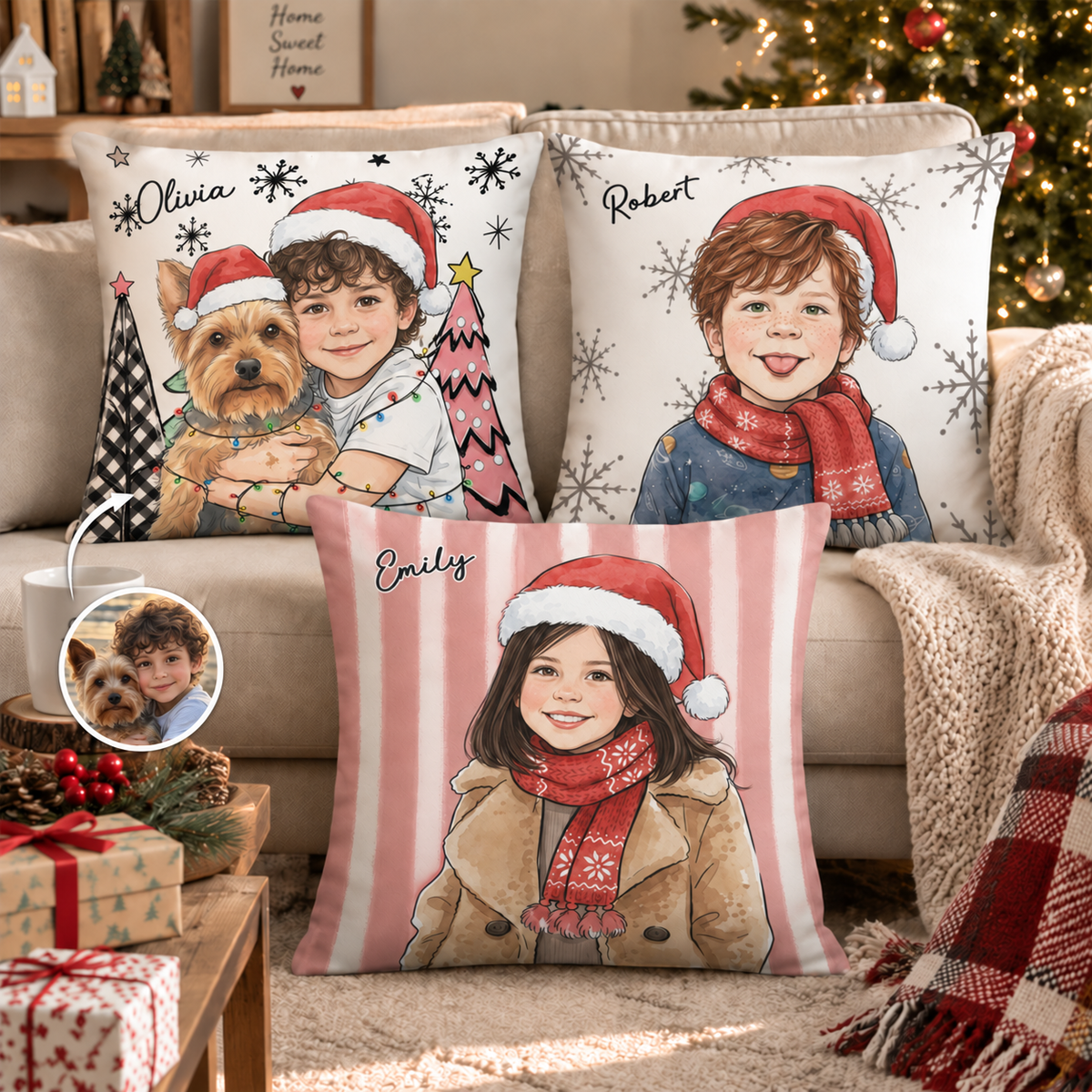 Kissen mit einem Foto des Kindes – weihnachtliches Aquarell — Olivia, Robert, Emily