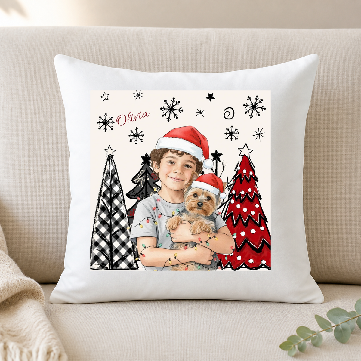 Kissen mit einem Foto des Kindes – weihnachtliches Aquarell