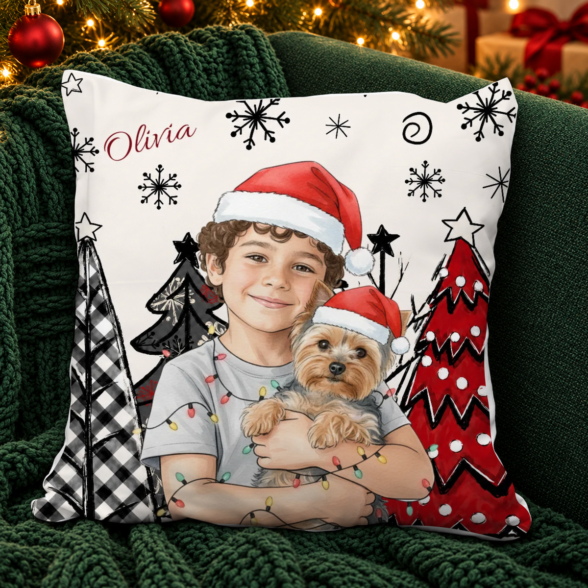 Kissen mit einem Foto des Kindes – weihnachtliches Aquarell