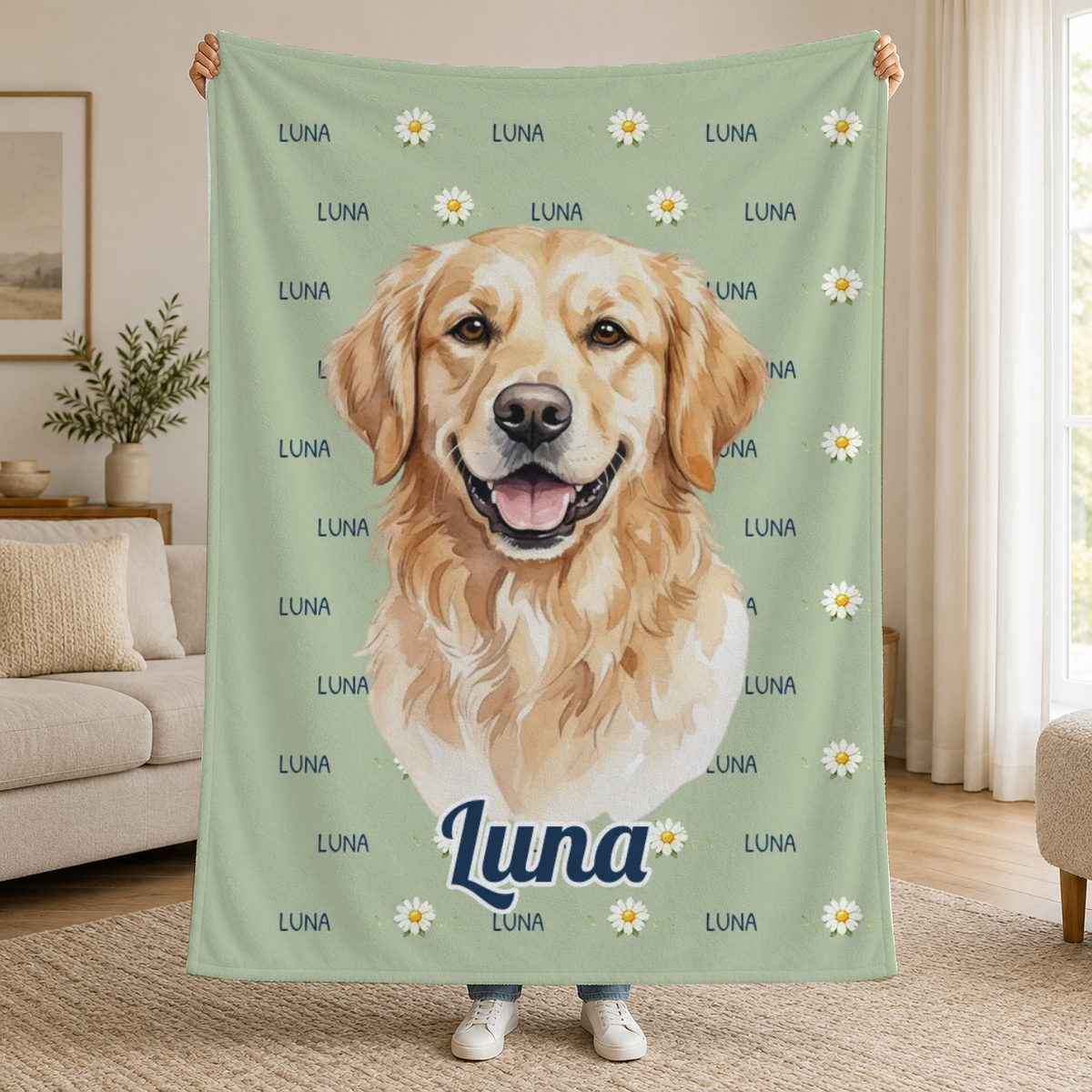 Decke mit einem Aquarellbild des Haustiers und dem Namen – Luna [PC-MOCKUP:cmvl5ray20009sax9hid3fg39:90b89876247843d2a013ab10:90b89876247843d2a013ab1097f749eb4079bfa0dfb21eacfc77129bb05bd540]