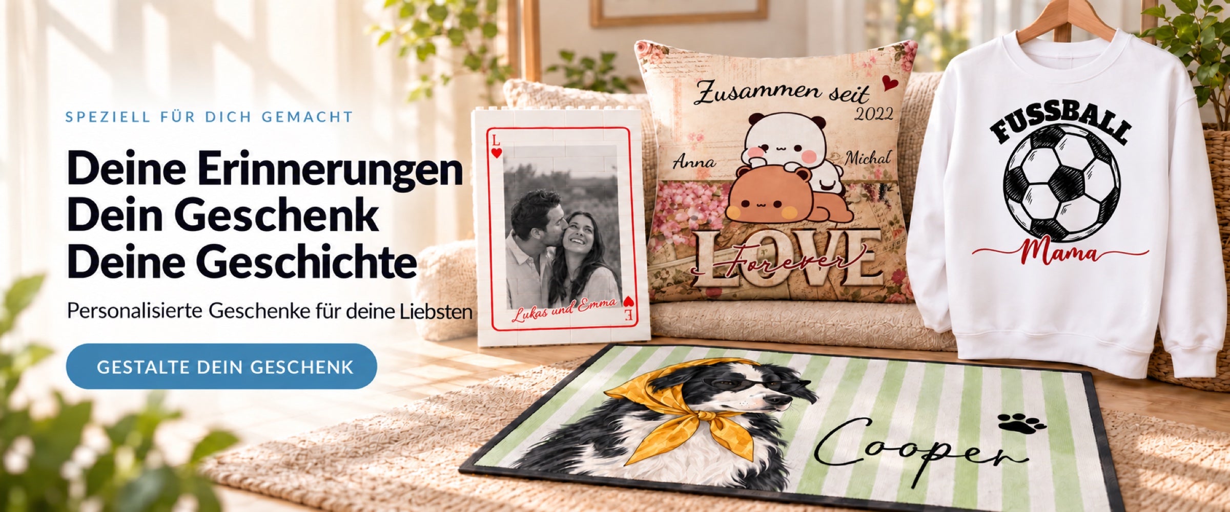 Deine Erinnerungen. Dein Geschenk. Deine Geschichte. Personalisierte Geschenke für deine Liebsten: Fotobausteine, Kissen für Paare, Fußmatte mit Haustierfoto und Sweatshirt für die Mama eines Fußballers. Gestalte dein Geschenk